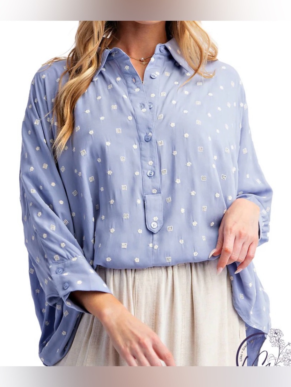 NWT Light Blue Embroidered Button-Front Blouse
